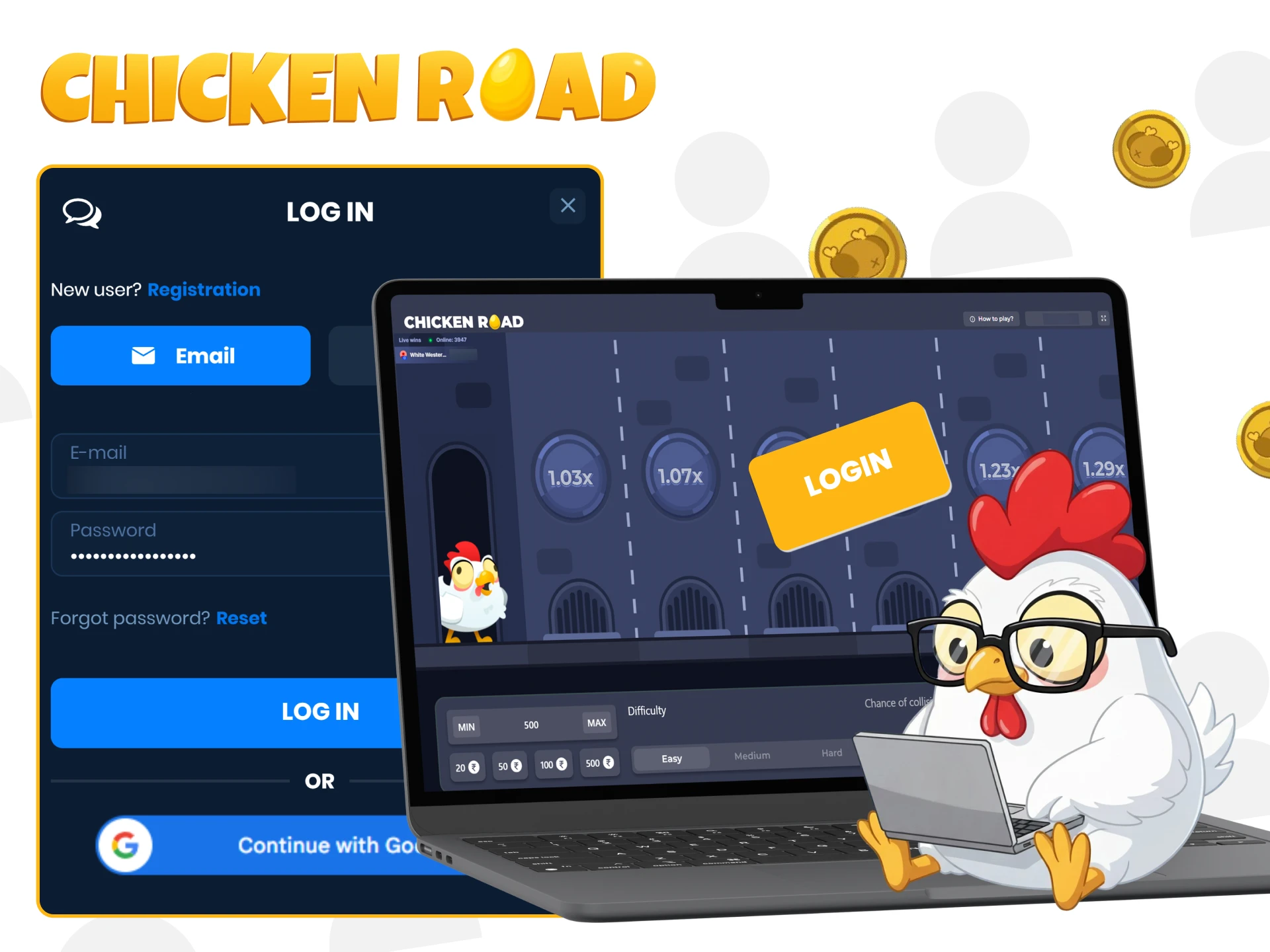 Login to unlock the full Chicken Road game experience.